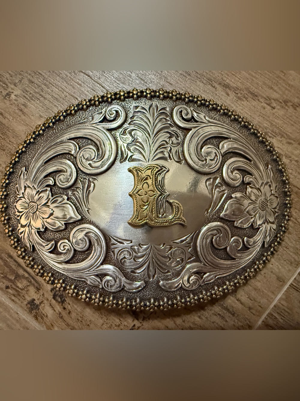 L Initial Vintage Western Belt Buckle Silver & Gold Floral Scroll